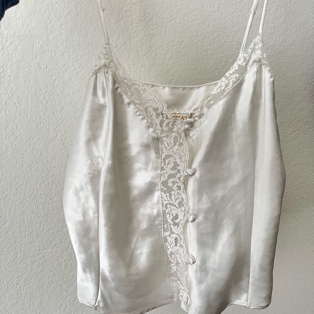 Victoria Secret VINTAGE GOLD TAG Elegant White Satin Camisole with Lace Trim